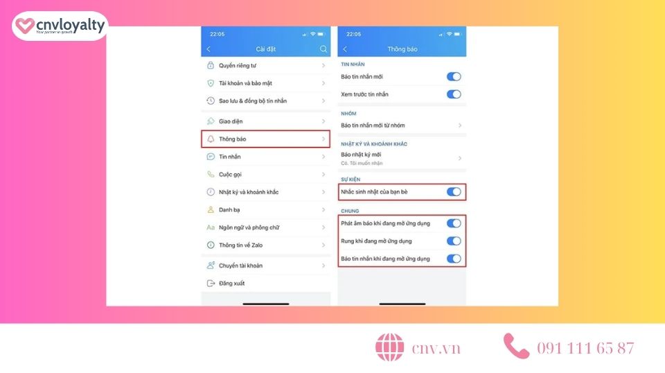 Bật các đề xuất thông báo trên Zalo