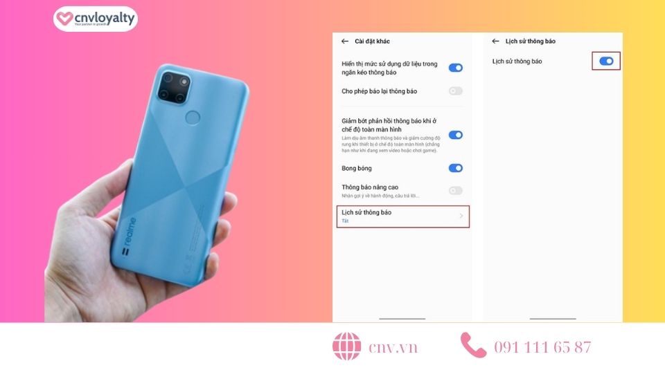 Bật chế độ lịch sử thông báo trên điện thoại realme