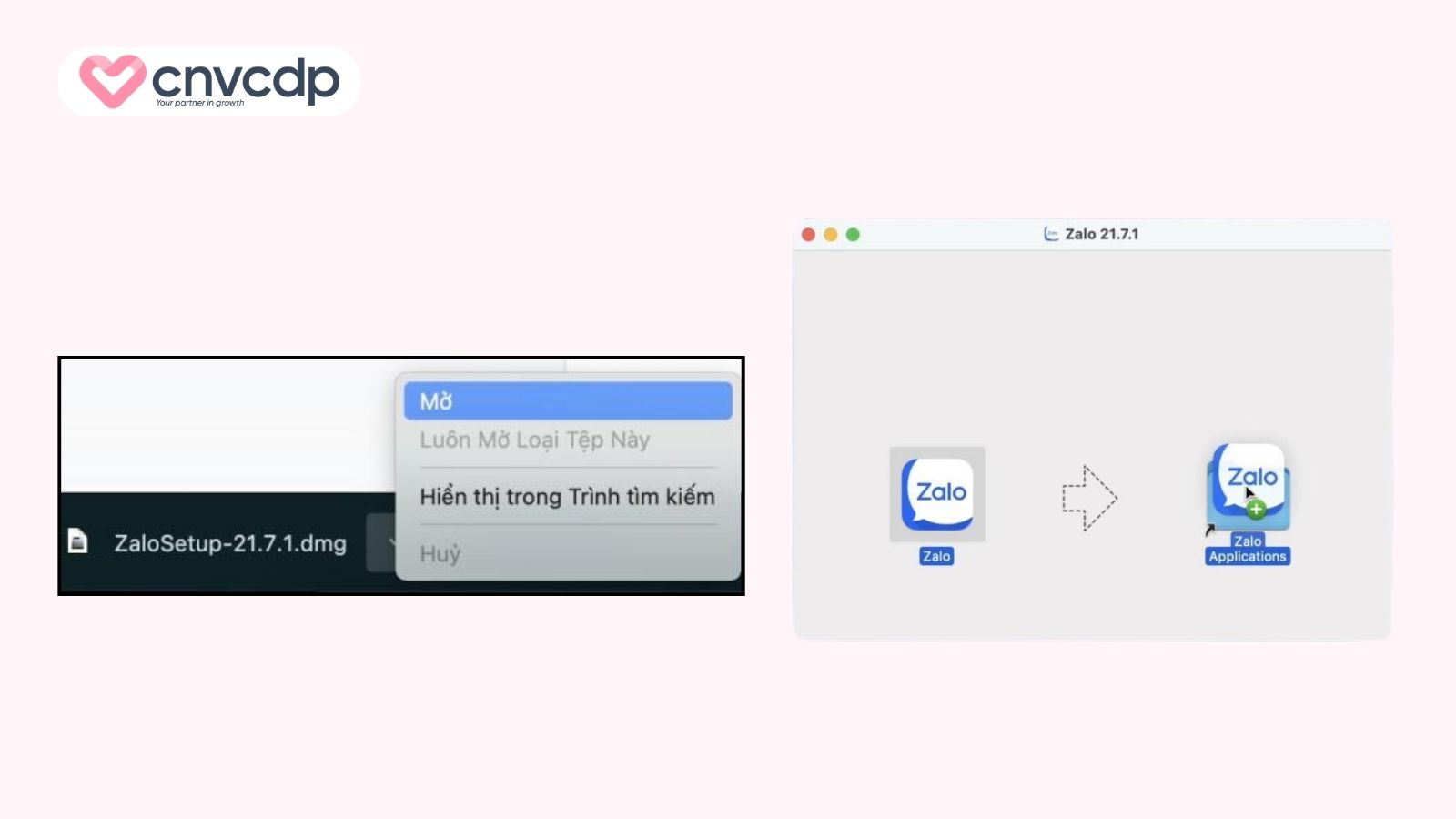 Mở file .dmg, cài Zalo vào Applications, sau đó đăng nhập
