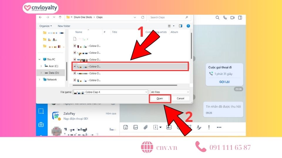 Tìm file muốn gửi và click open