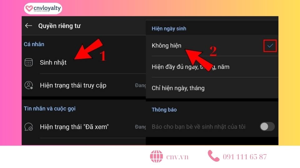 Di chuyển đến mục sinh nhật và bật không hiện