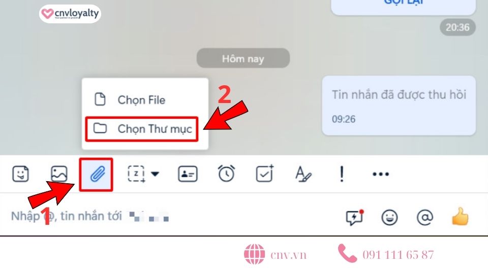 Click biểu tượng tệp đính kèm và vào thư mục