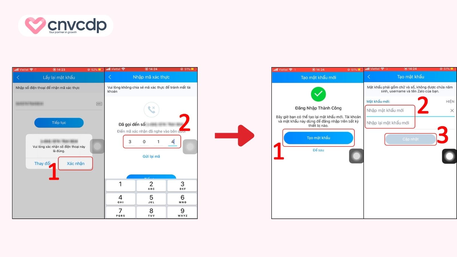 Nhập mã xác thực Zalo, tạo mật khẩu mới và đăng nhập lại