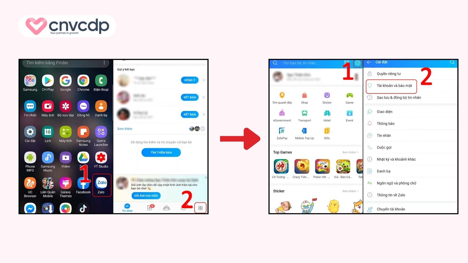 Mở Zalo, chọn mục Cá nhân, Cài đặt, Tài khoản và bảo mật