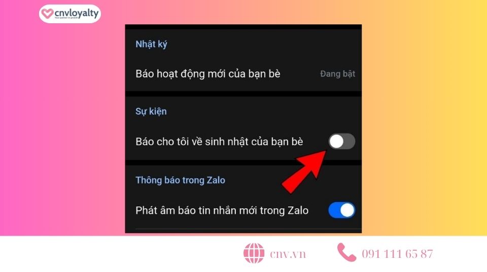 Lướt đến mục sự kiện để tắt