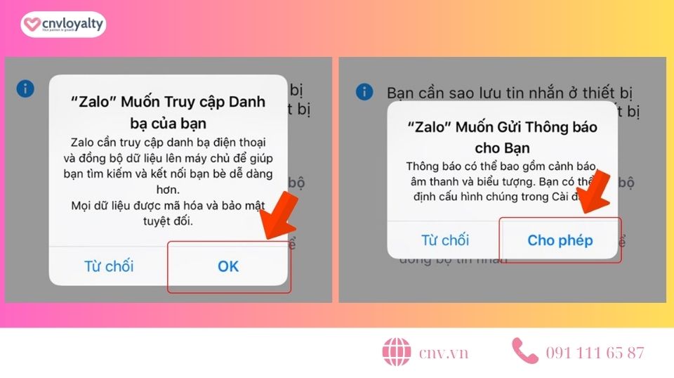 Cho phép Zalo truy cập danh bạ và thiết lập thông báo