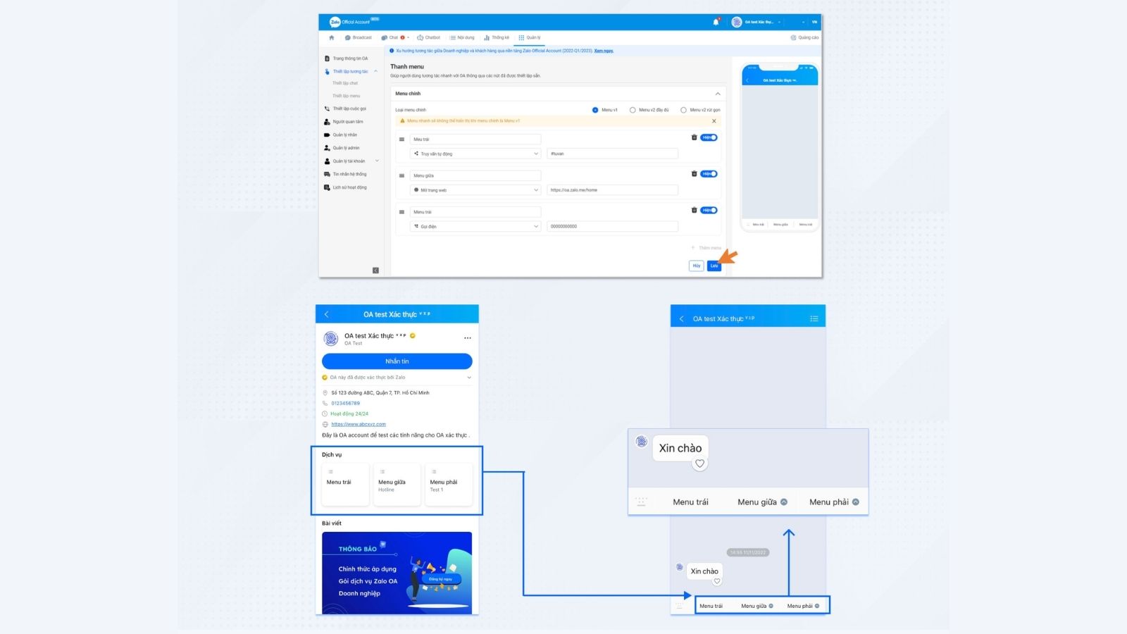 Thiết lập menu Zalo OA, menu V1