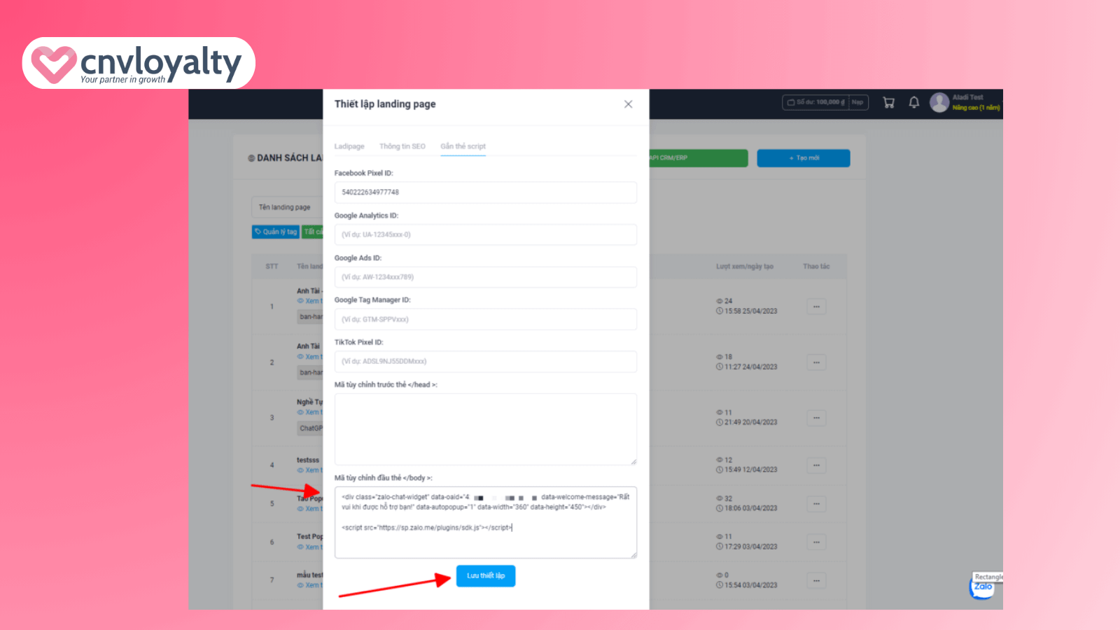 Dán mã code vào mụcMã tuỳ chỉnh trước thẻ </body>: