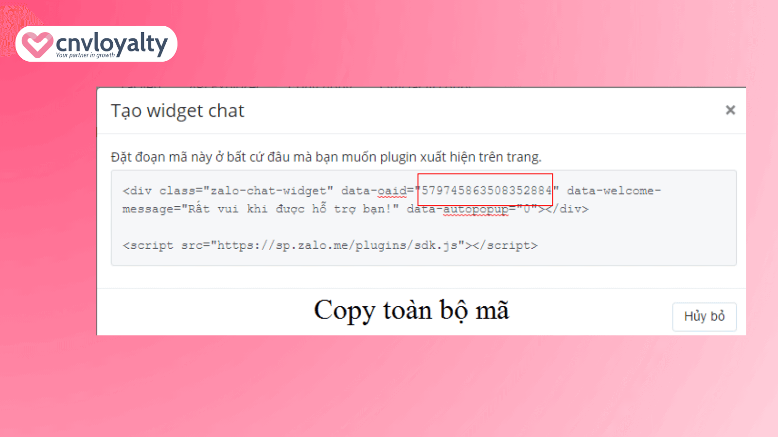 Dán mã code vào vị trí mà bạn muốn nút chat xuất hiện