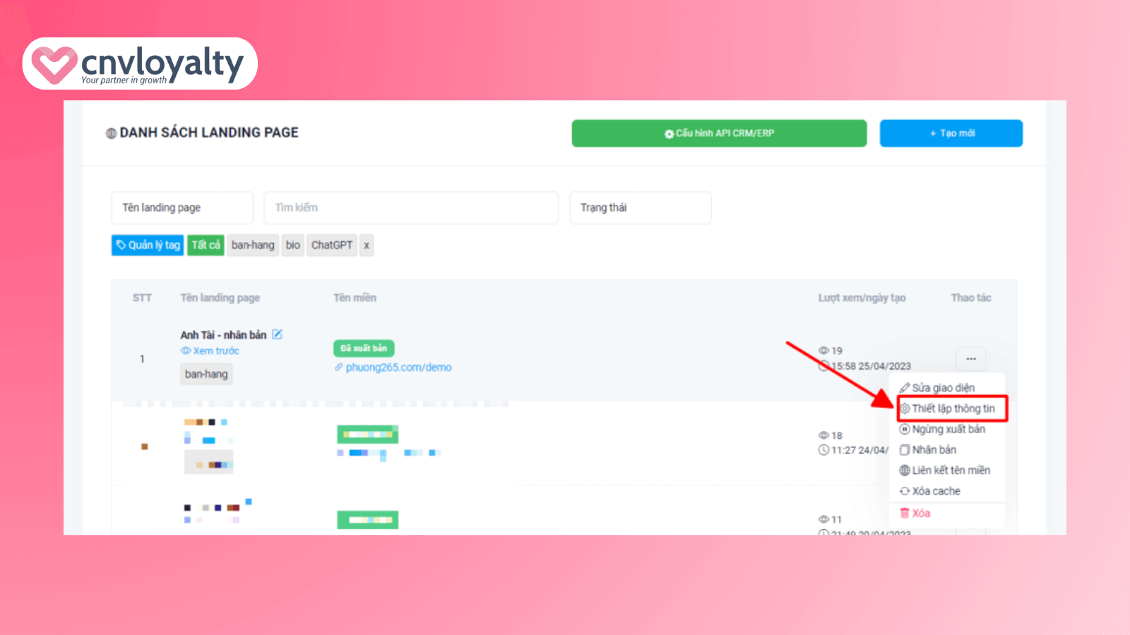 Truy cập phần thiết lập thông tin của landing page 