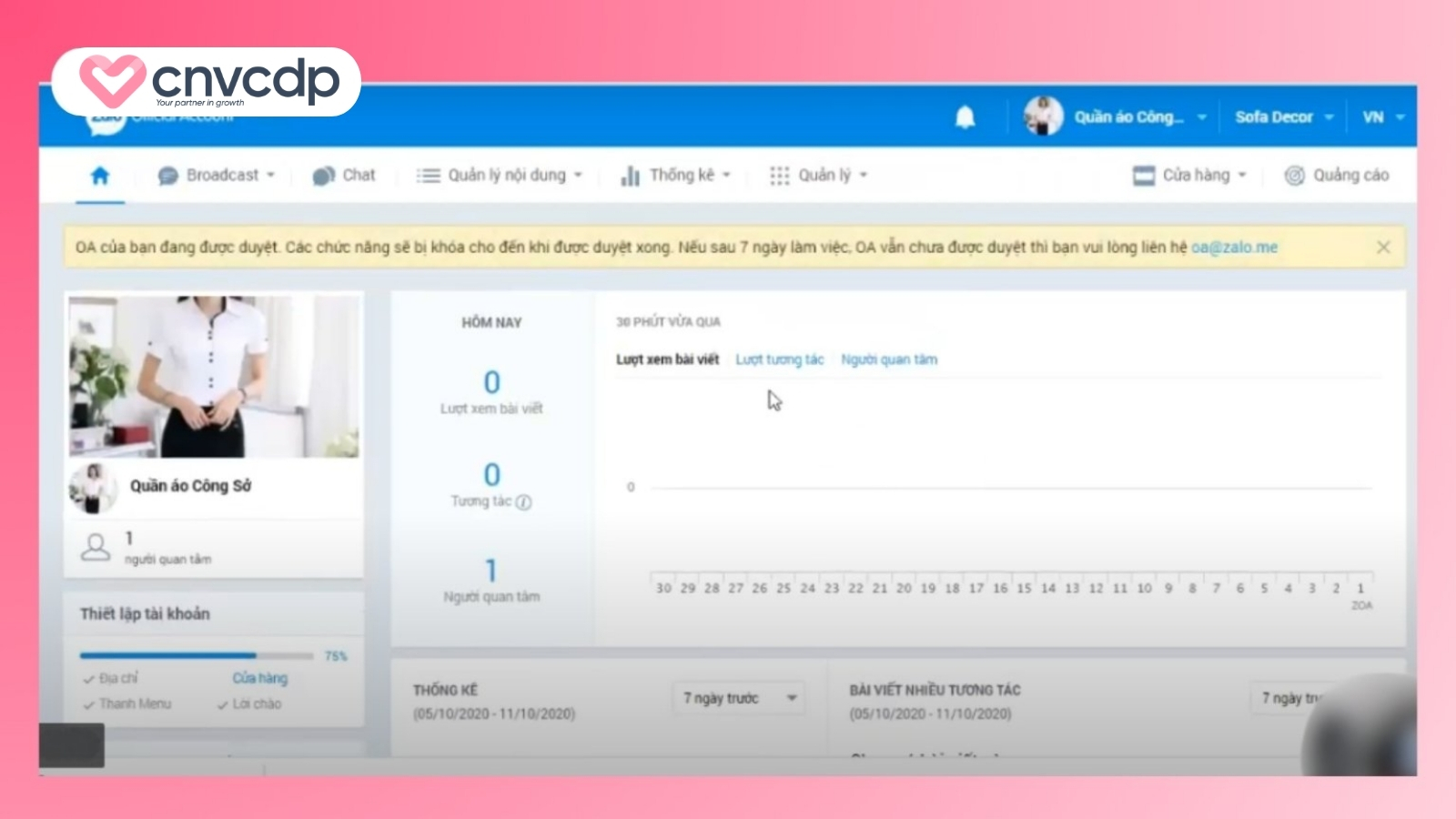 Giao diện Zalo Shop sau khi tạo xong