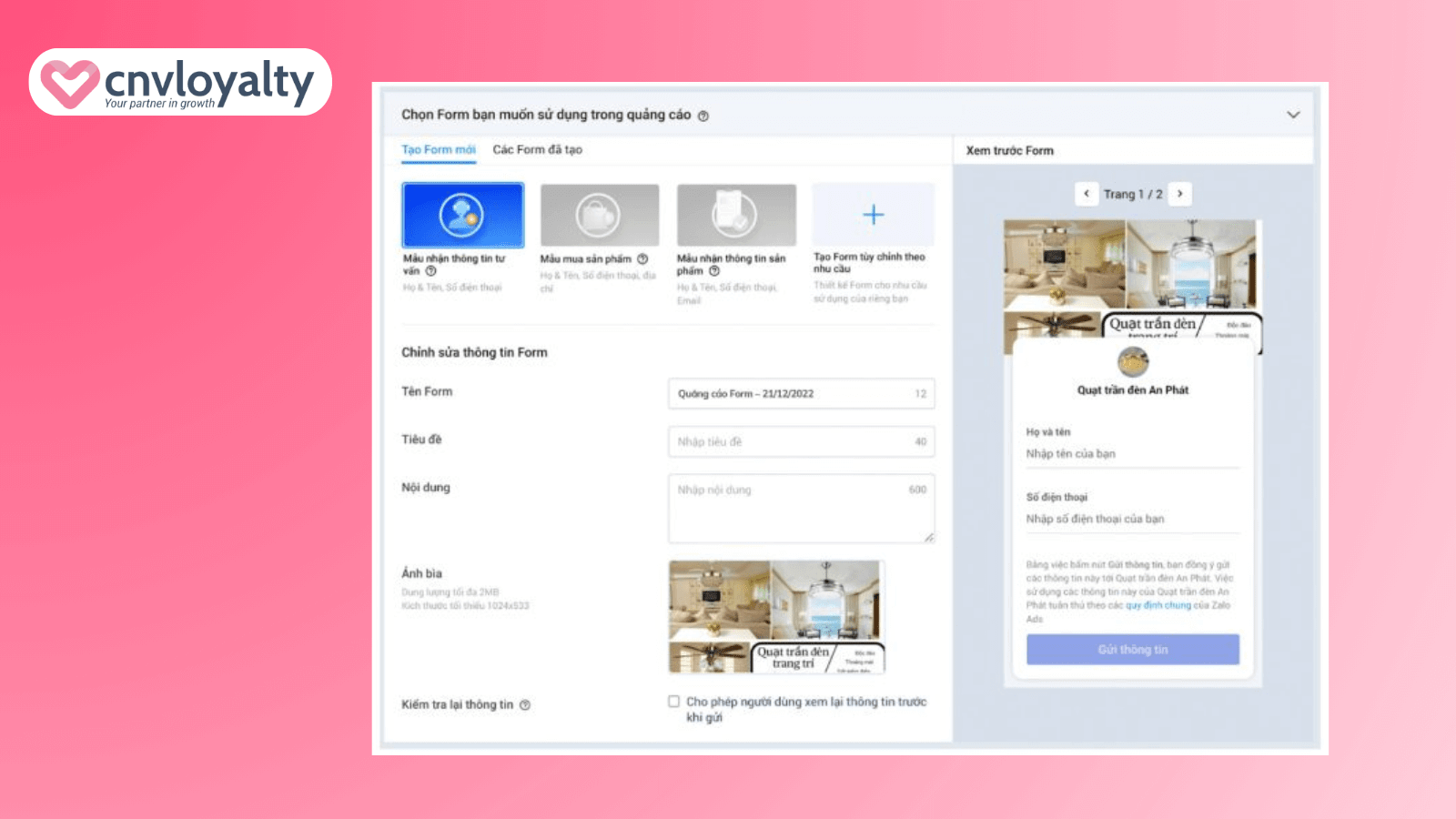 Cách chạy Zalo Form hiệu quả: nhà quảng cáo chọn tính năng mẫu nhận thông tin tư vấn để kiểm tra lại thông tin