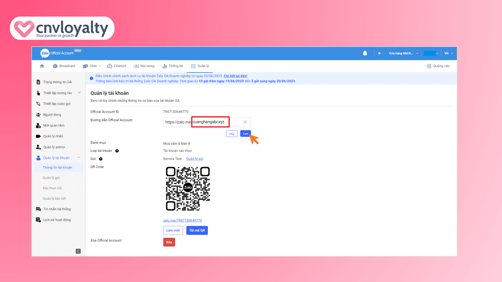 Đăng ký URL tùy biến trên Zalo OA chỉ vài thao tác 9 Chỉnh sửa URL mặc định thành URL tuỳ biến