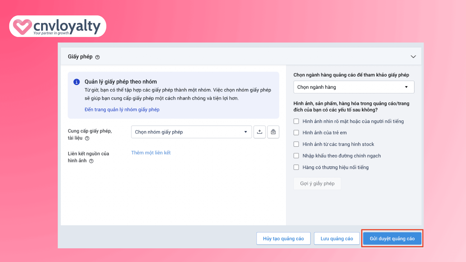 Gửi yêu cầu phê duyệt quảng cáo form