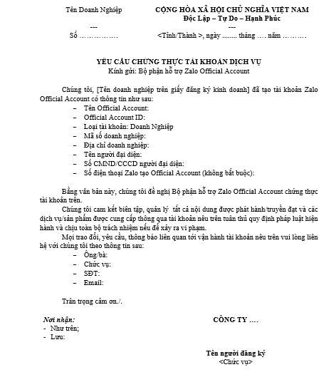 Mẫu công văn xác thực Zalo OA