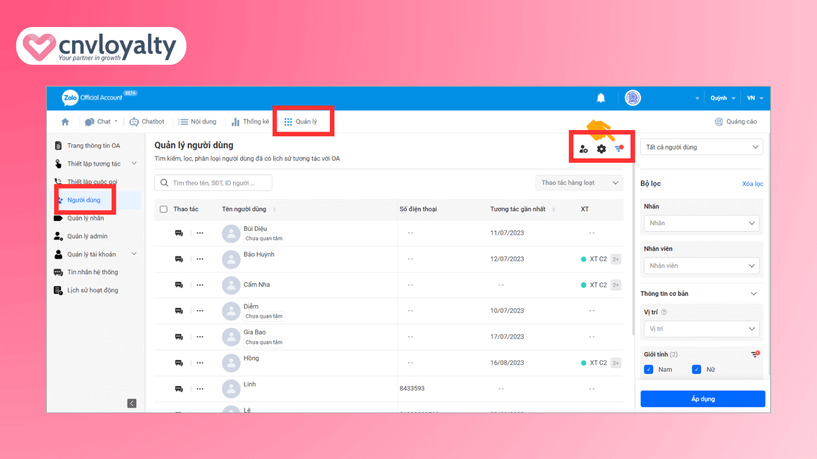 Tính năng quản lý người dùng trên Zalo OA 7 Quản lý người dùng trên Zalo OA bằng tài khoản xác thực