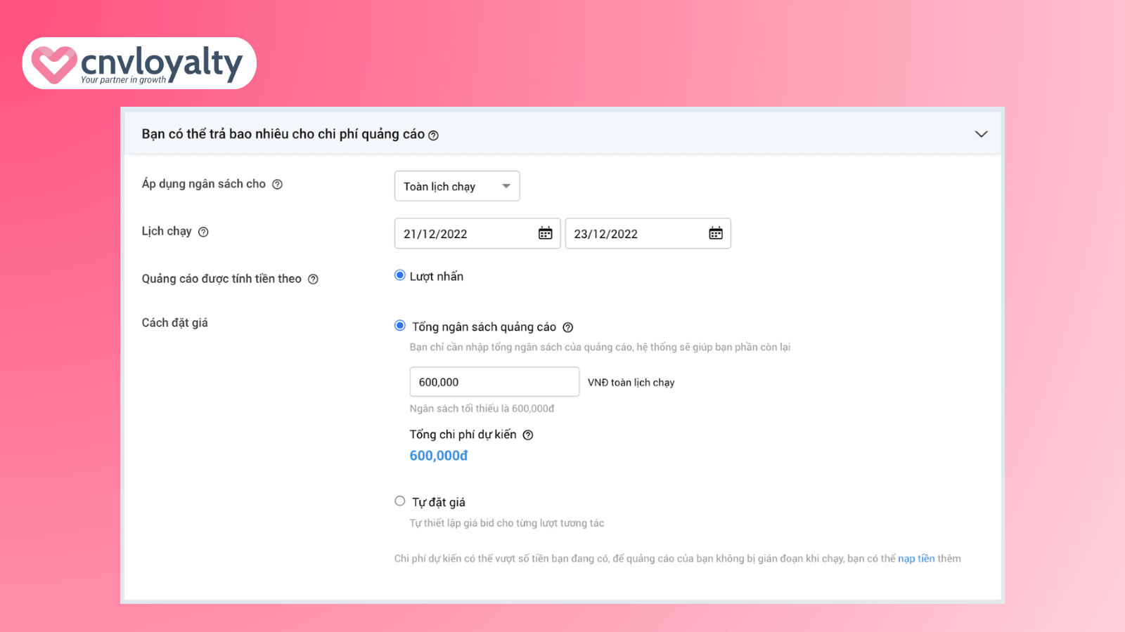 Thiết lập chi phí quảng cáo