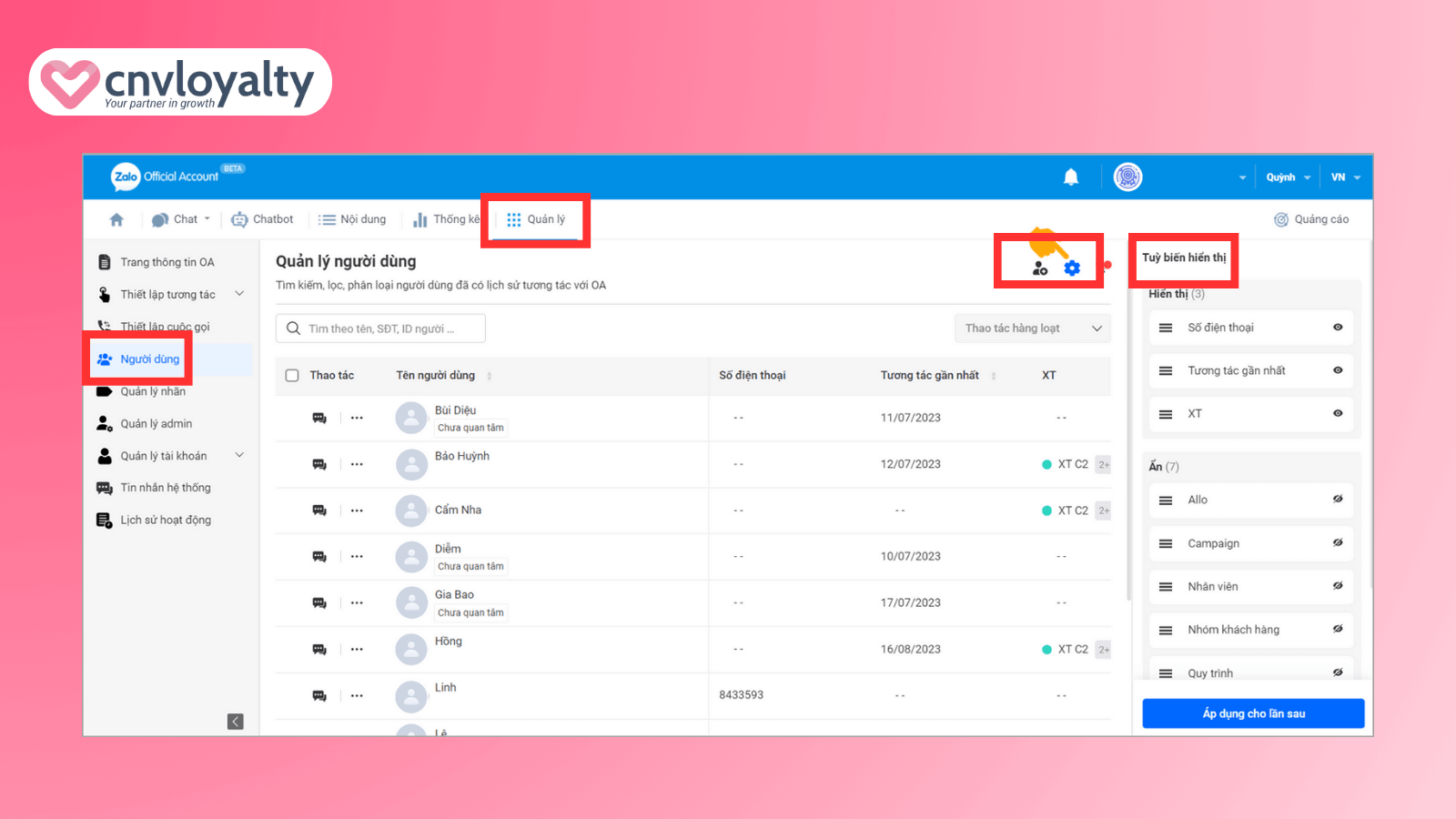 Tính năng quản lý người dùng trên Zalo OA 8 Quản lý người dùng trên Zalo OA bằng tài khoản đăng ký gói dùng thử, nâng cao, premium