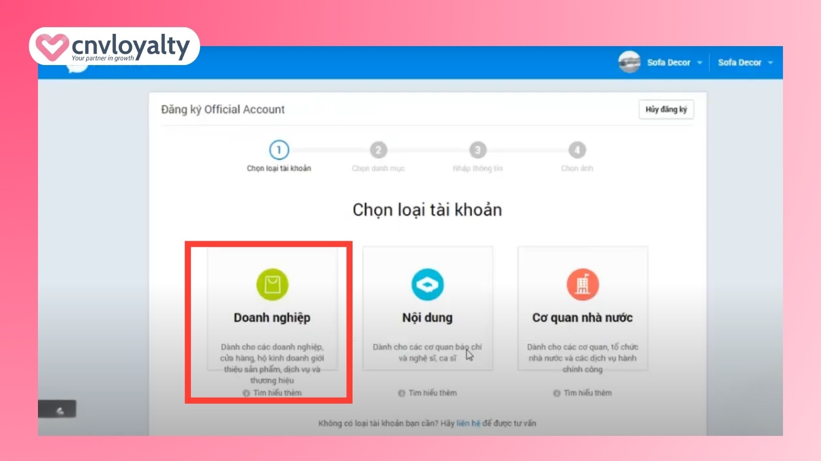 chọn tài khoản OA cần tạo
