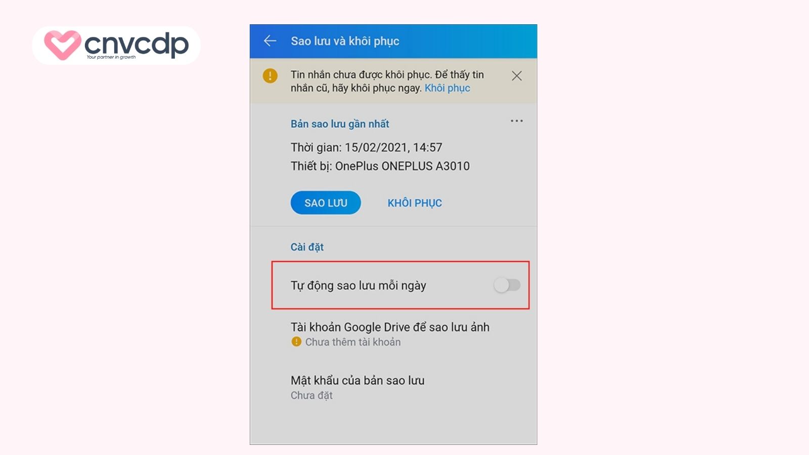 Bật tự động sao lưu Zalo hằng ngày để bảo vệ dữ liệu