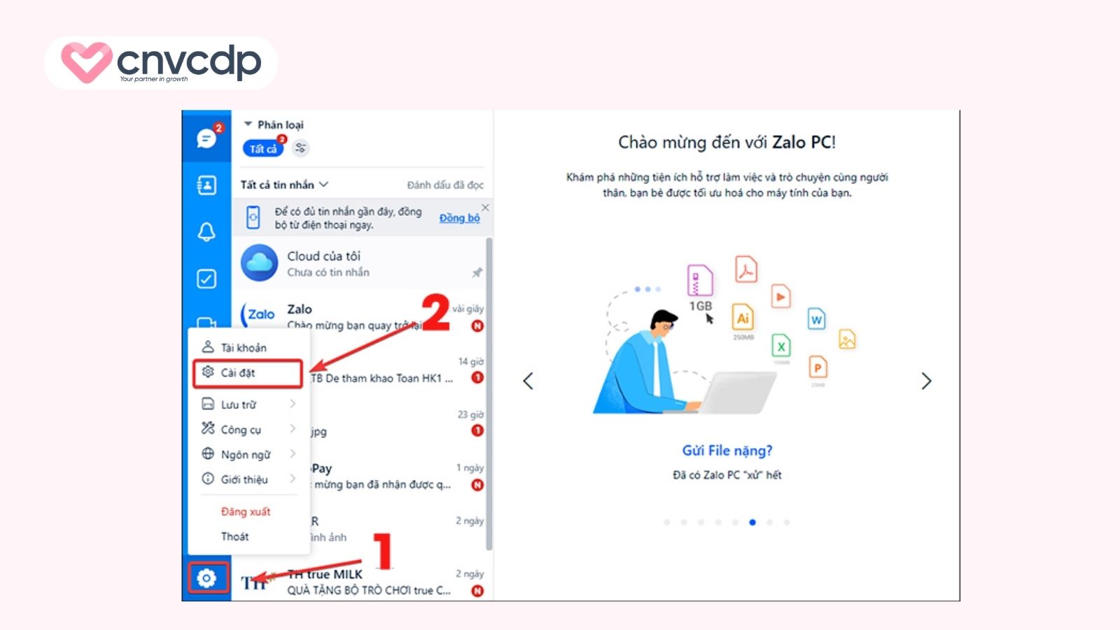 Mở cài đặt Zalo trên máy tính để đồng bộ tin nhắn