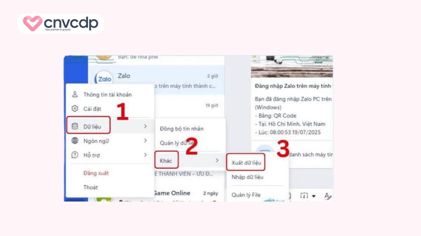 Mở mục Xuất dữ liệu trong cài đặt Zalo trên máy tính