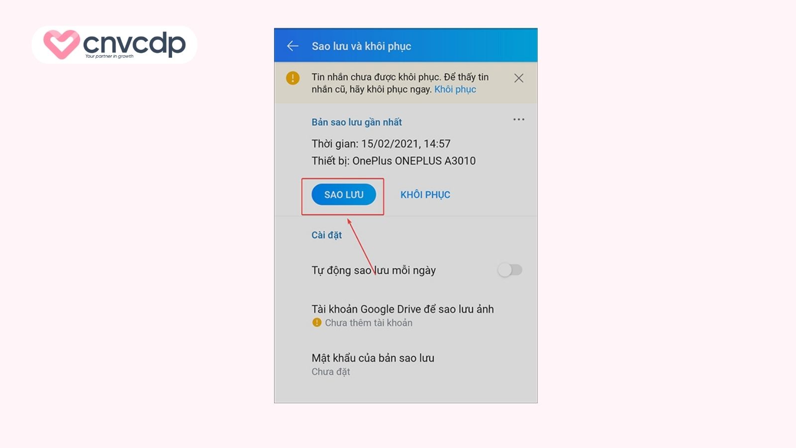 Xác nhận sao lưu dữ liệu Zalo vào bộ nhớ đám mây