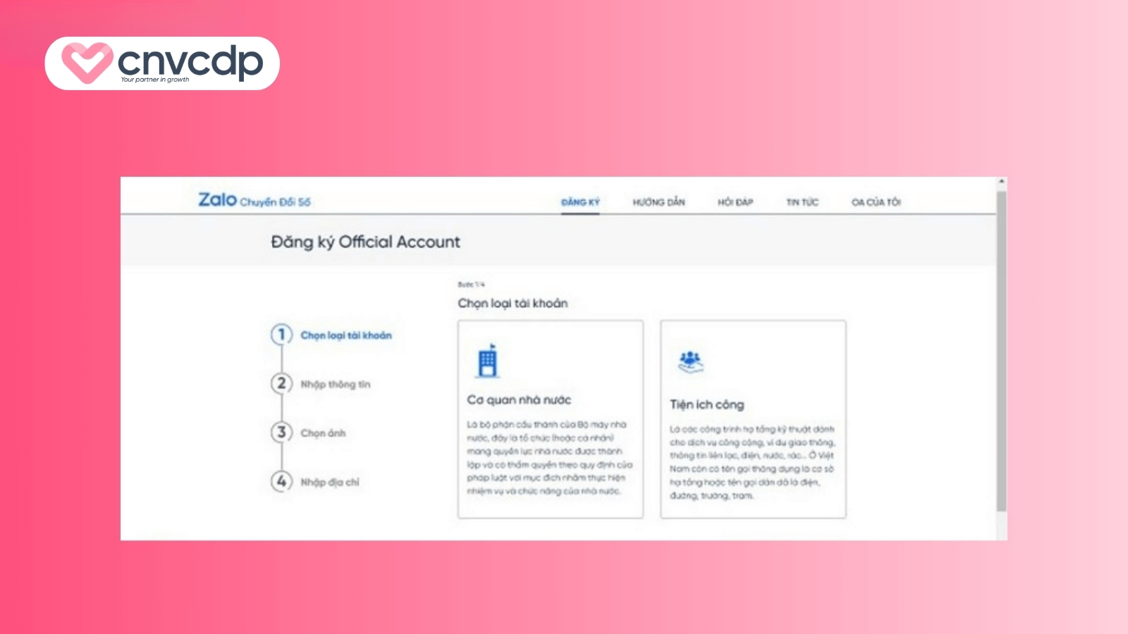 Bước 3 tạo Zalo page cho cơ quan nhà nước