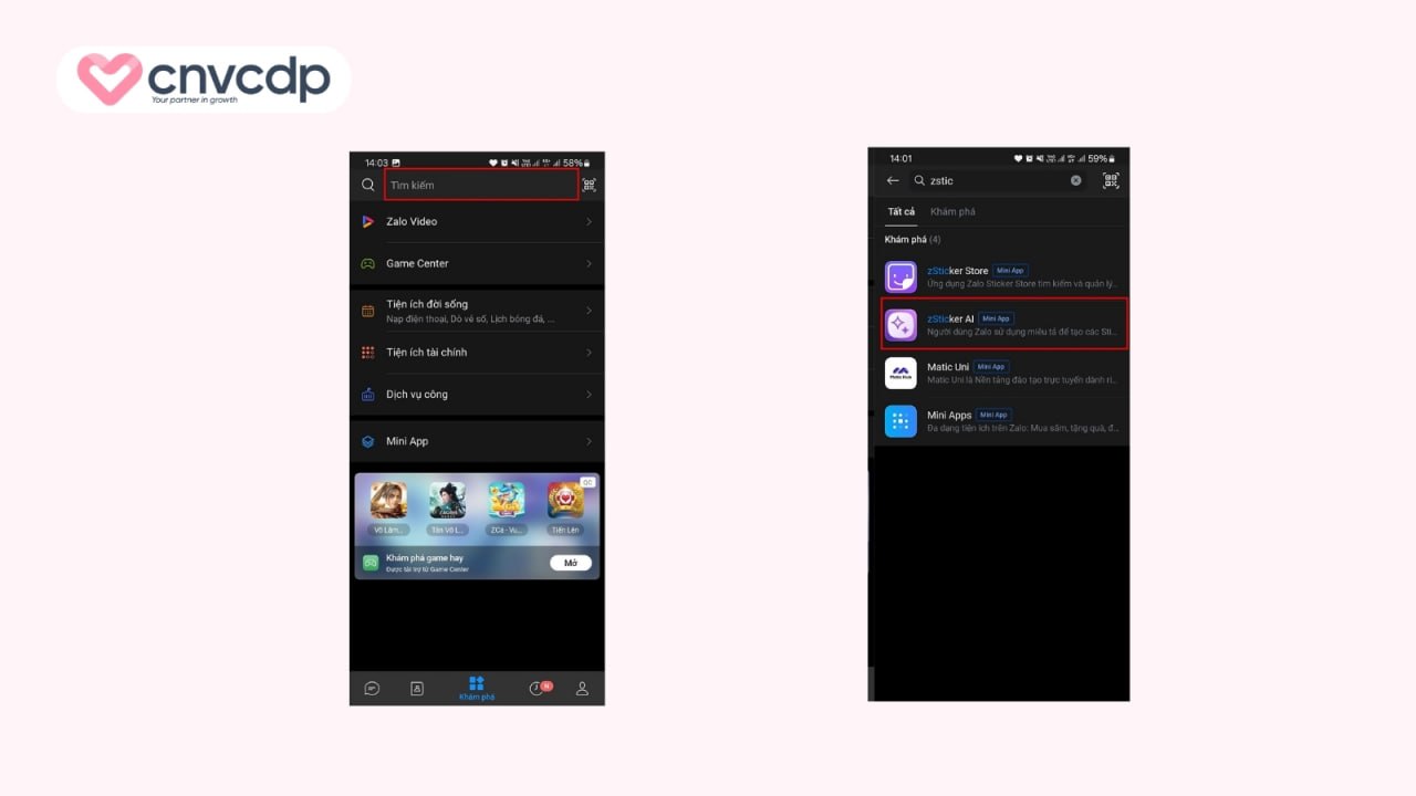 Cách tạo sticker trên Zalo bằng ảnh của mình cực dễ 2026 3 Nhập từ khóa zSticker AI rồi chọn Mini App có cùng tên