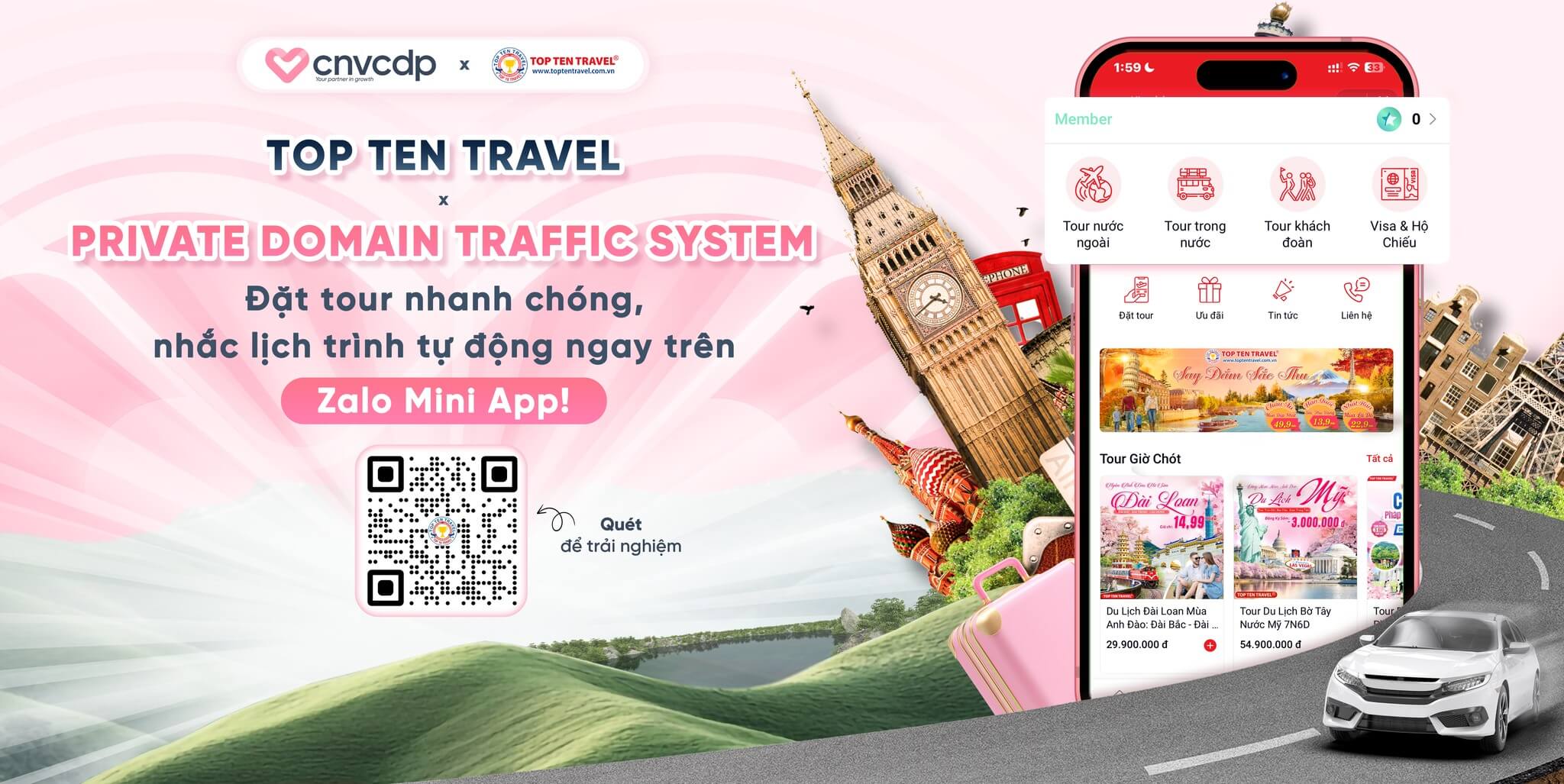 Top Ten Travel Chuyển Đổi Số – Đặt Tour Nhanh Chóng & Nhắc Lịch Tự Động Trên Zalo Mini App 3 Mini App Top Ten Travel x PRIVATE DOMAIN TRAFFIC SYSTEM