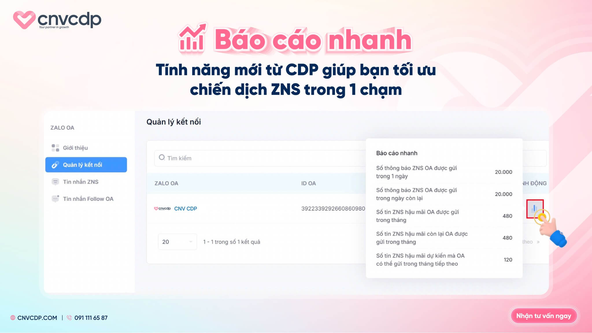 Tính Năng Báo Cáo Nhanh ZNS: Giải Pháp Tối Ưu Hiệu Suất Chiến Dịch Trên Zalo OA 1 Báo cáo nhanh ZNS trên Zalo OA, tính năng mới từ CNV CDP