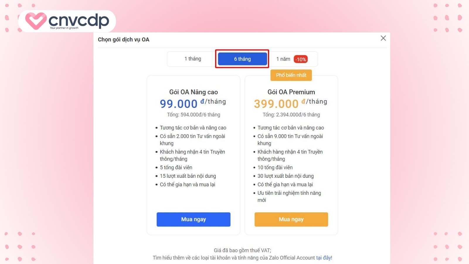 Hướng dẫn chi tiết cách nâng cấp tài khoản Zalo OA siêu đơn giản 5 goi dich vu nang cap tai khoan Zalo OA