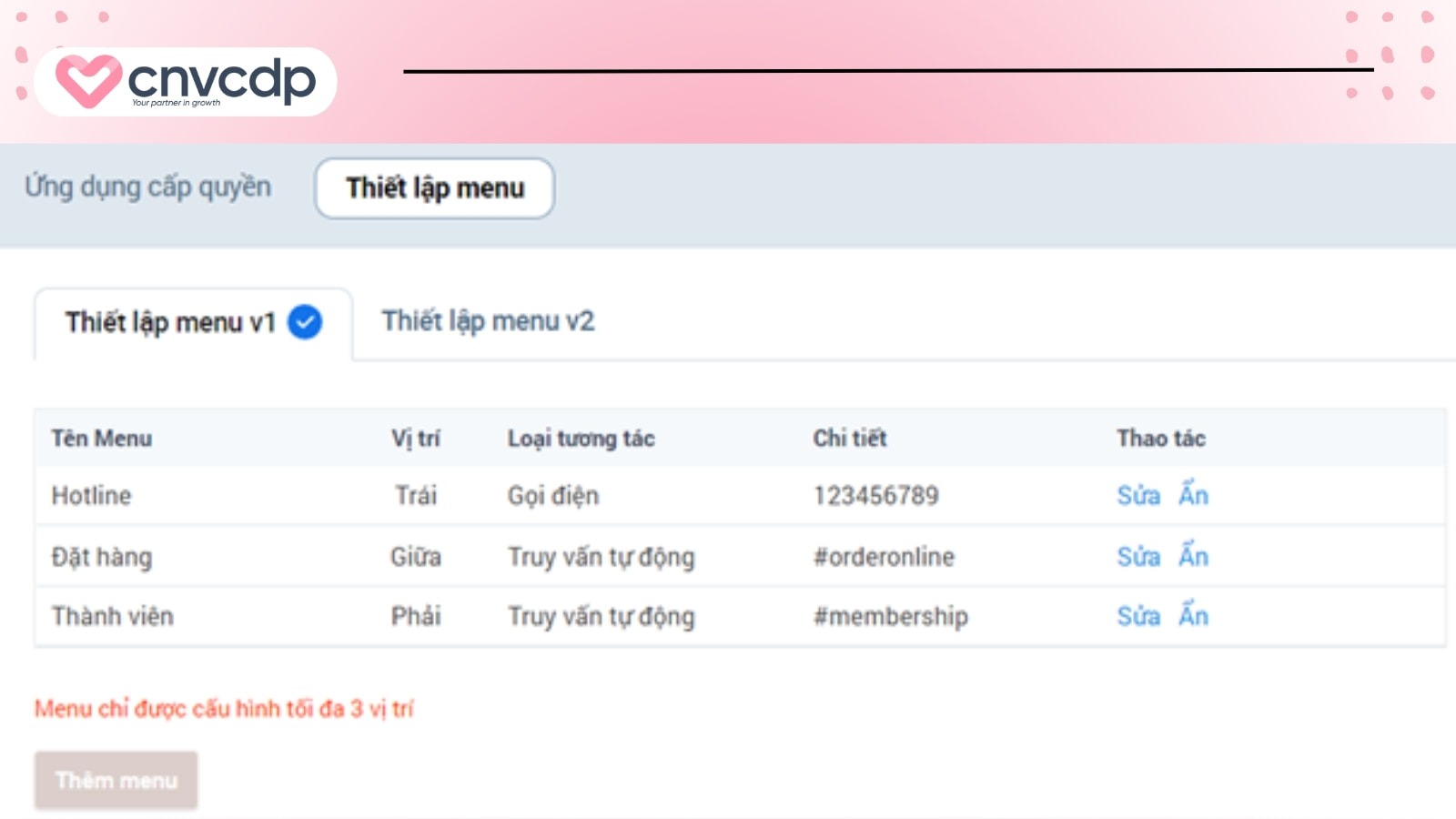 Hướng dẫn thiết lập đăng ký thành viên trên Zalo OA đơn giản 6 giao dien thiet lap tren menu