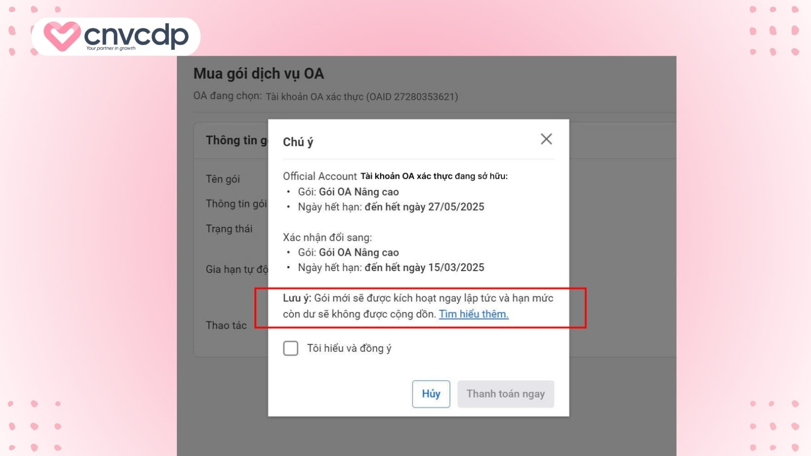 Hướng dẫn chi tiết cách nâng cấp tài khoản Zalo OA siêu đơn giản 7 hien thi thong tin va yeu cau xac nhan tai khoan khi dang ky goi Zalo OA