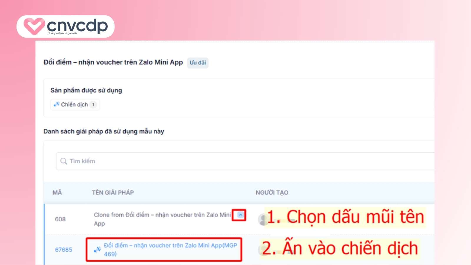 Đổi điểm nhận voucher trên Zalo Mini App giữ chân khách hàng hiệu quả 10 Chon dau mui ten