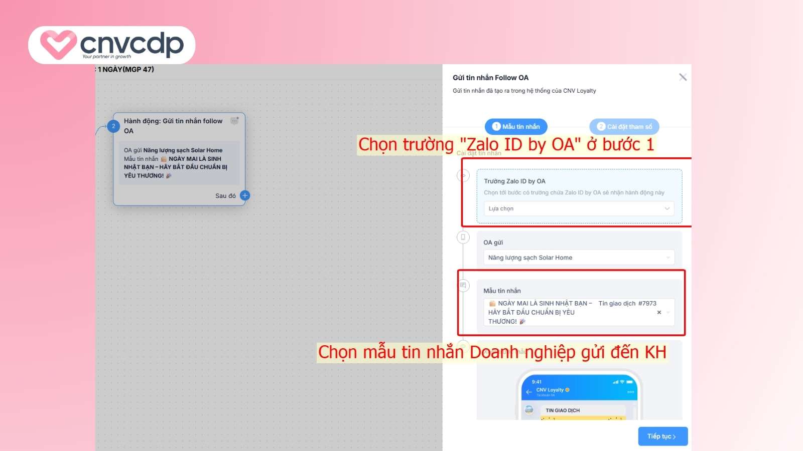 Giải pháp gửi tin nhắn chúc mừng sinh nhật khách hàng từ CNV CDP 14 Thiet lap gui tin nhan Follow Zalo OA