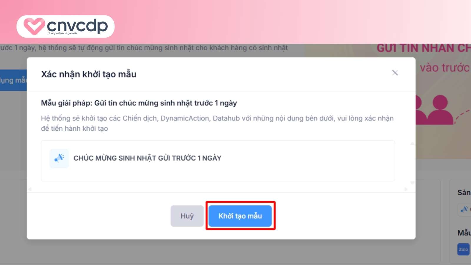 Giải pháp gửi tin nhắn chúc mừng sinh nhật khách hàng từ CNV CDP 10 Khoi tao mau