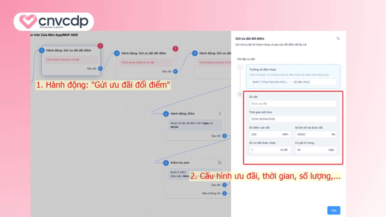 Đổi điểm nhận voucher trên Zalo Mini App giữ chân khách hàng hiệu quả 12 Thiet lap hanh dong gui uu dai doi diem