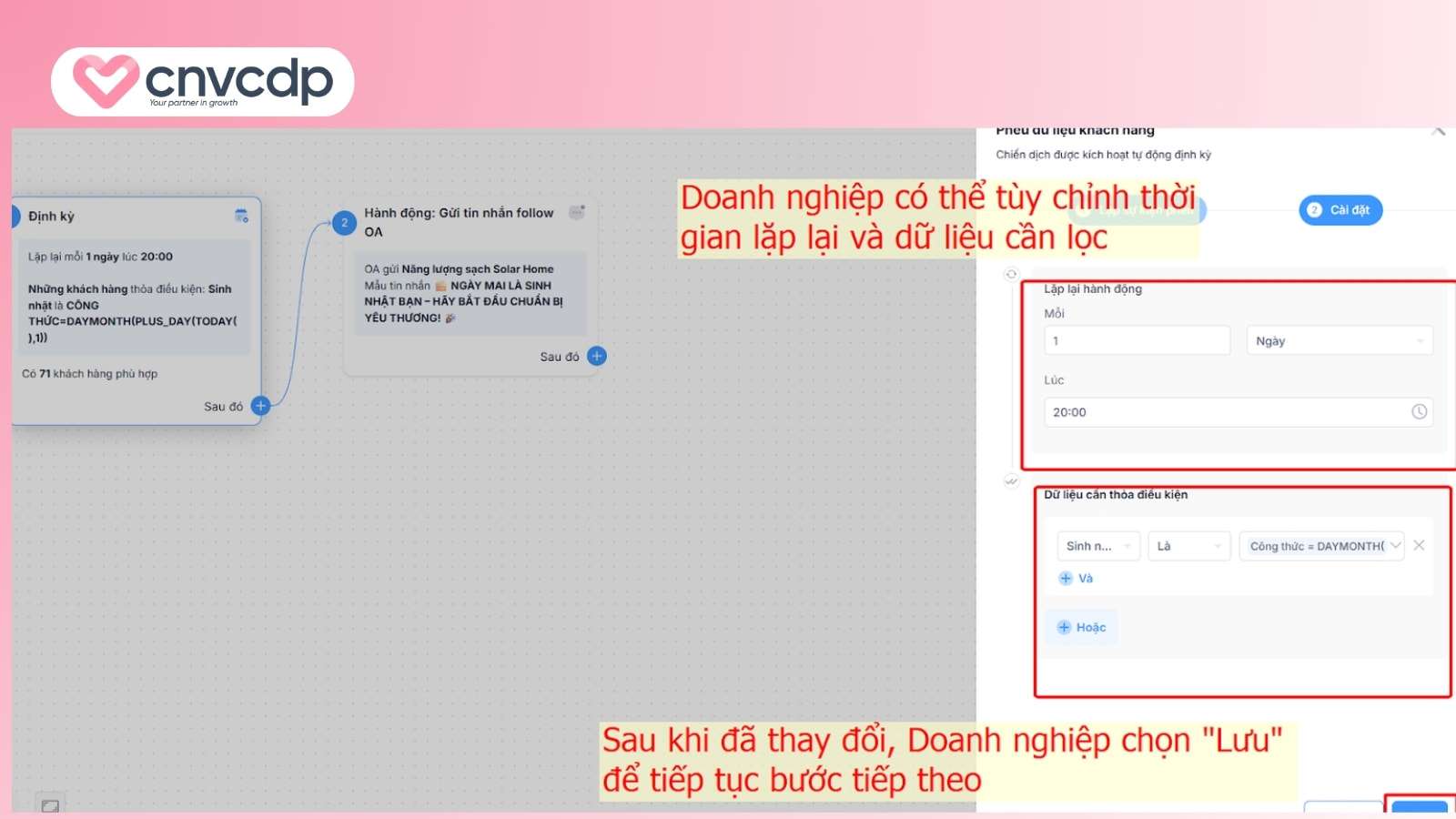 Giải pháp gửi tin nhắn chúc mừng sinh nhật khách hàng từ CNV CDP 13 Doanh nghiep tuy chinh thoi gian