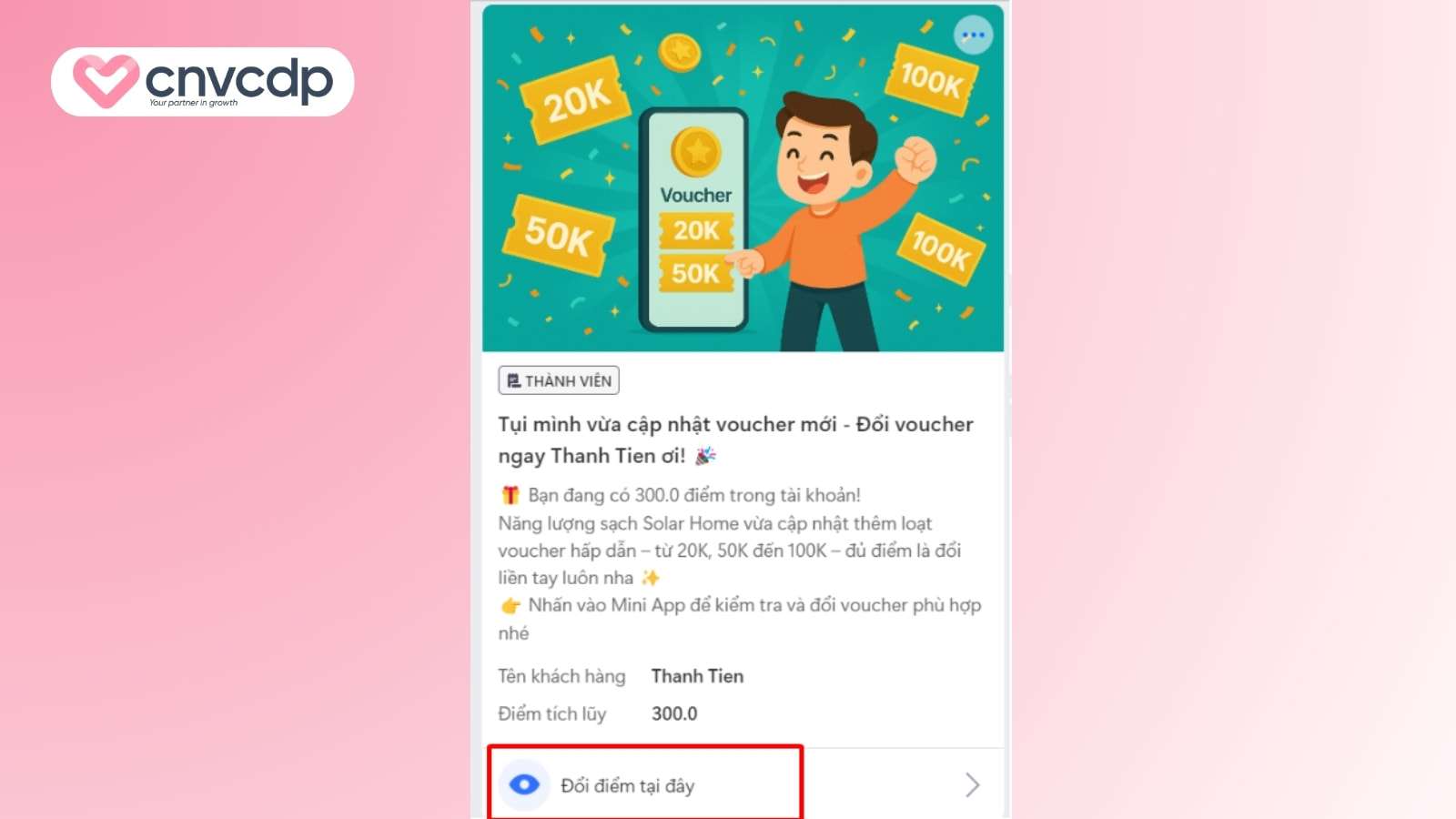 Đổi điểm nhận voucher trên Zalo Mini App giữ chân khách hàng hiệu quả 16 Nhan vao nut dieu huong CTA