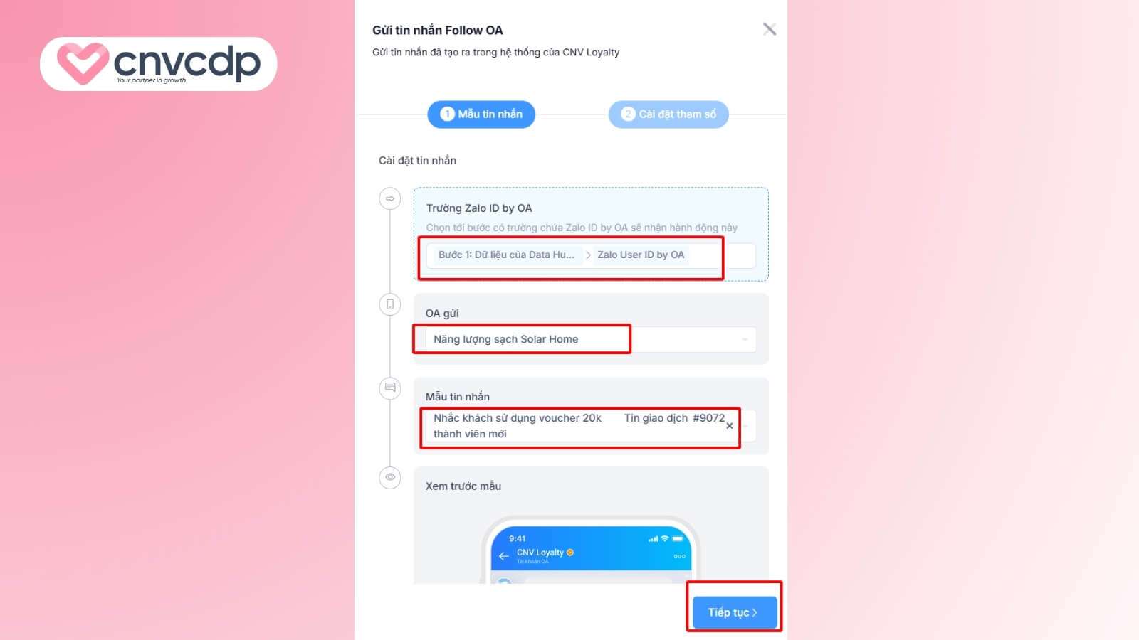 Giải pháp kích hoạt thành viên mới qua QR Code NHANH CHÓNG từ CNV CDP 16 Thiet lap hanh dong gui tin nhan follow Zalo OA
