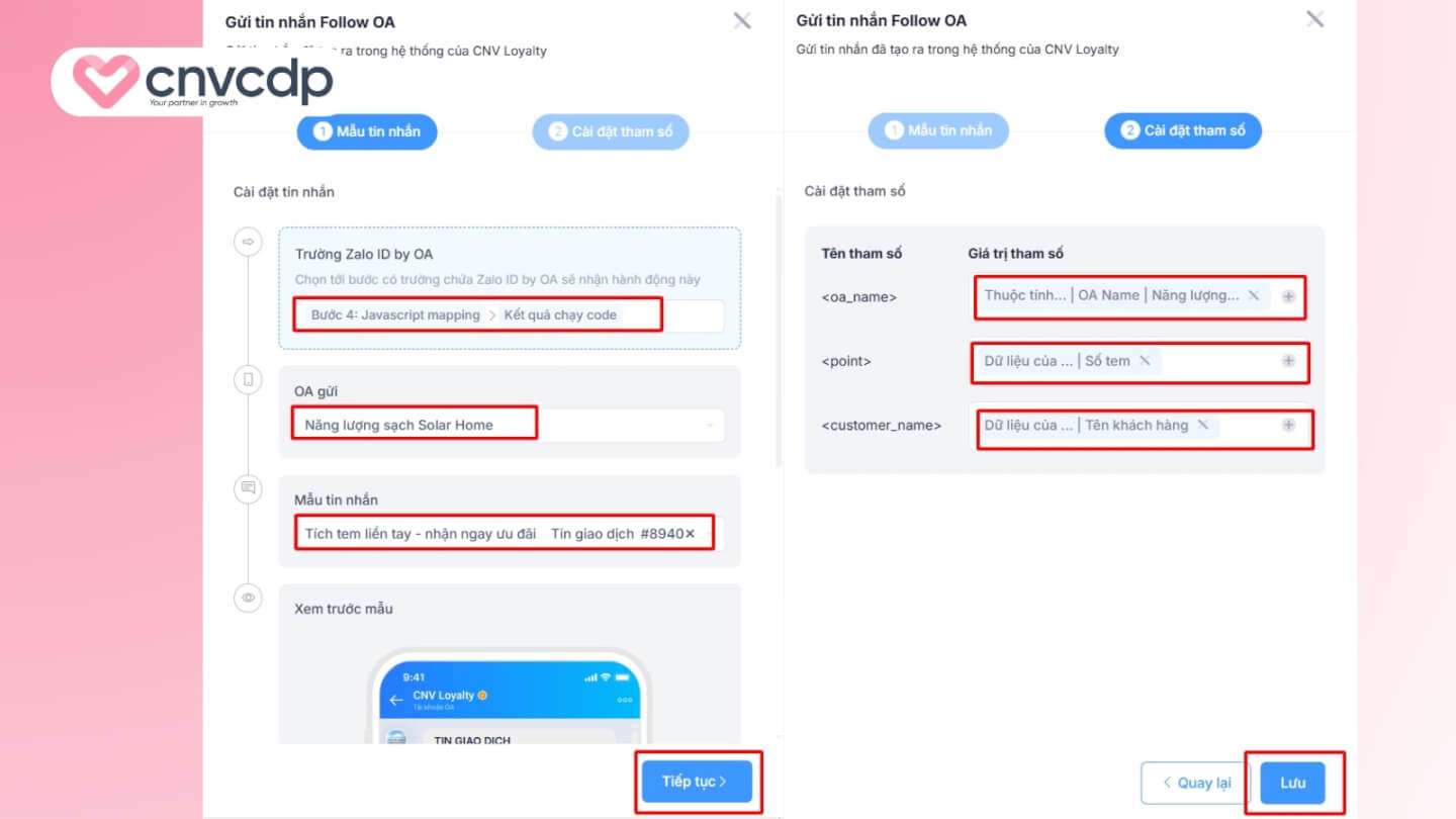 Giải pháp tích tem nhận ưu đãi hiệu quả, tăng doanh thu từ CNV CDP 18 Gui tin nhan nhan follow OA va cai dat tham so