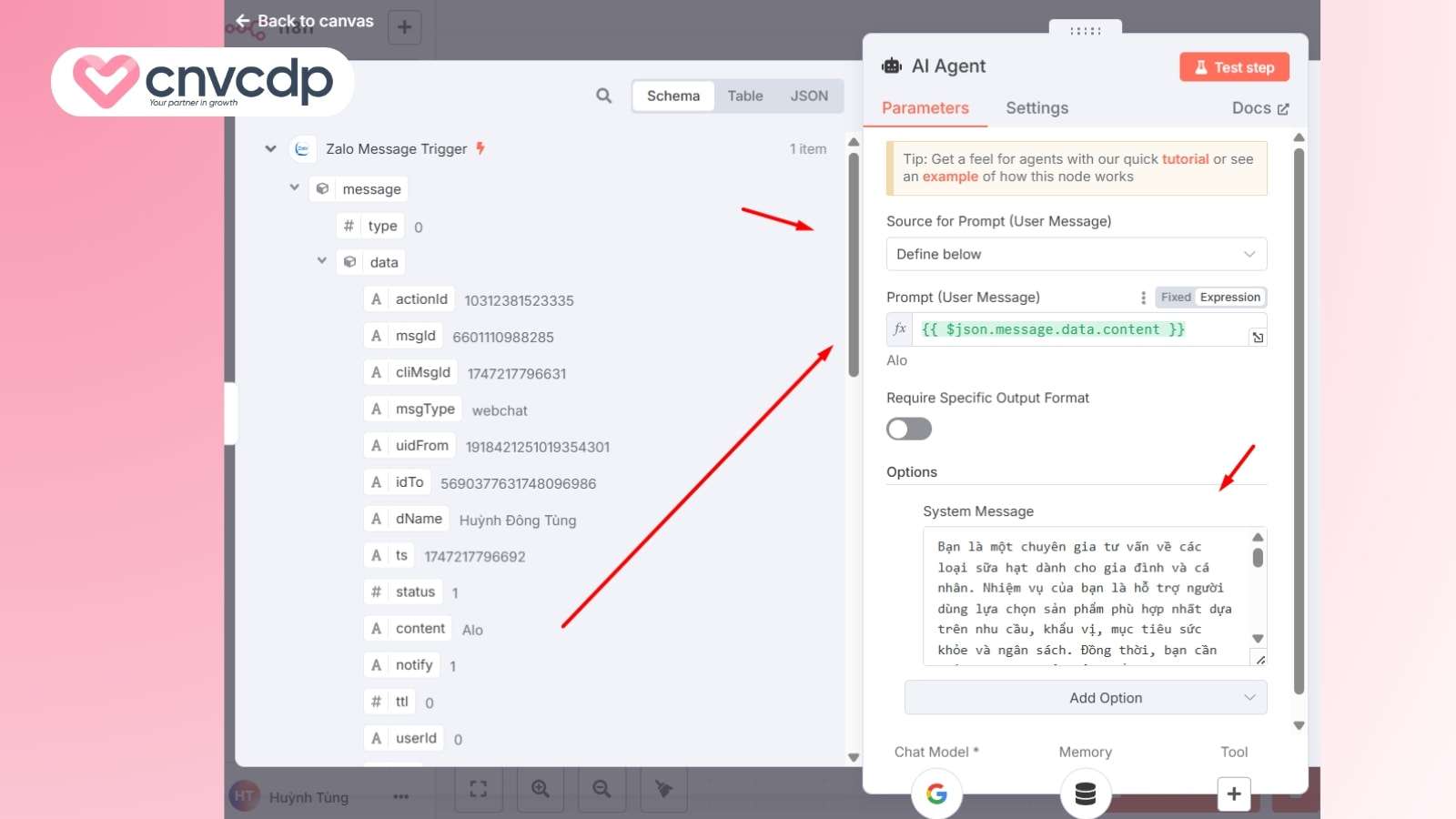 Hướng dẫn chi tiết cách tạo chatbot zalo với n8n hiệu quả 2025 9 Tao node AI Agent