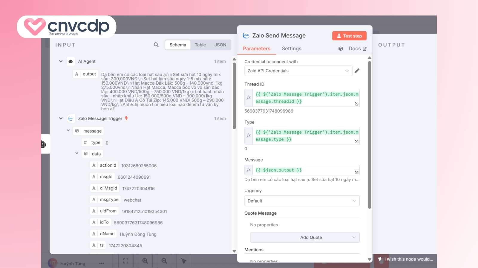 Hướng dẫn chi tiết cách tạo chatbot zalo với n8n hiệu quả 2025 13 Them node Zalo Send Message