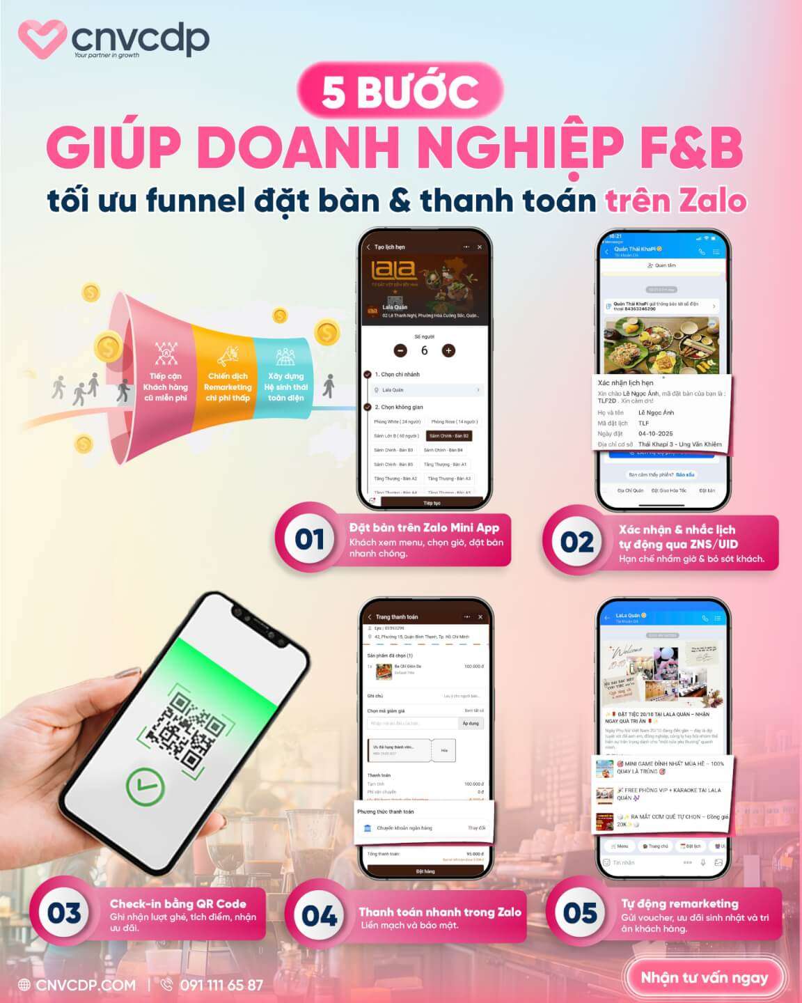 5 bước giúp doanh nghiệp tối ưu quy trình đặt bàn và thanh toán chỉ với một nền tảng Zalo Mini App 3 291025 CNVCDP 5 bước scaled