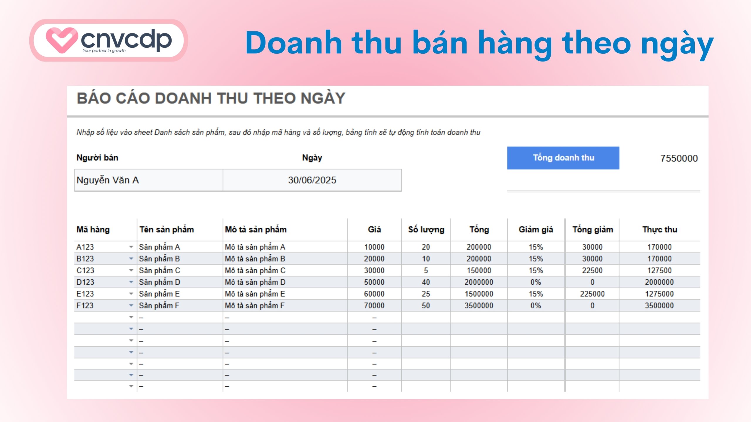 Tổng hợp 10+ mẫu báo cáo doanh thu bán hàng bằng Excel phổ biến 5 mau bao cao doanh thu ban hang theo ngay 1 scaled