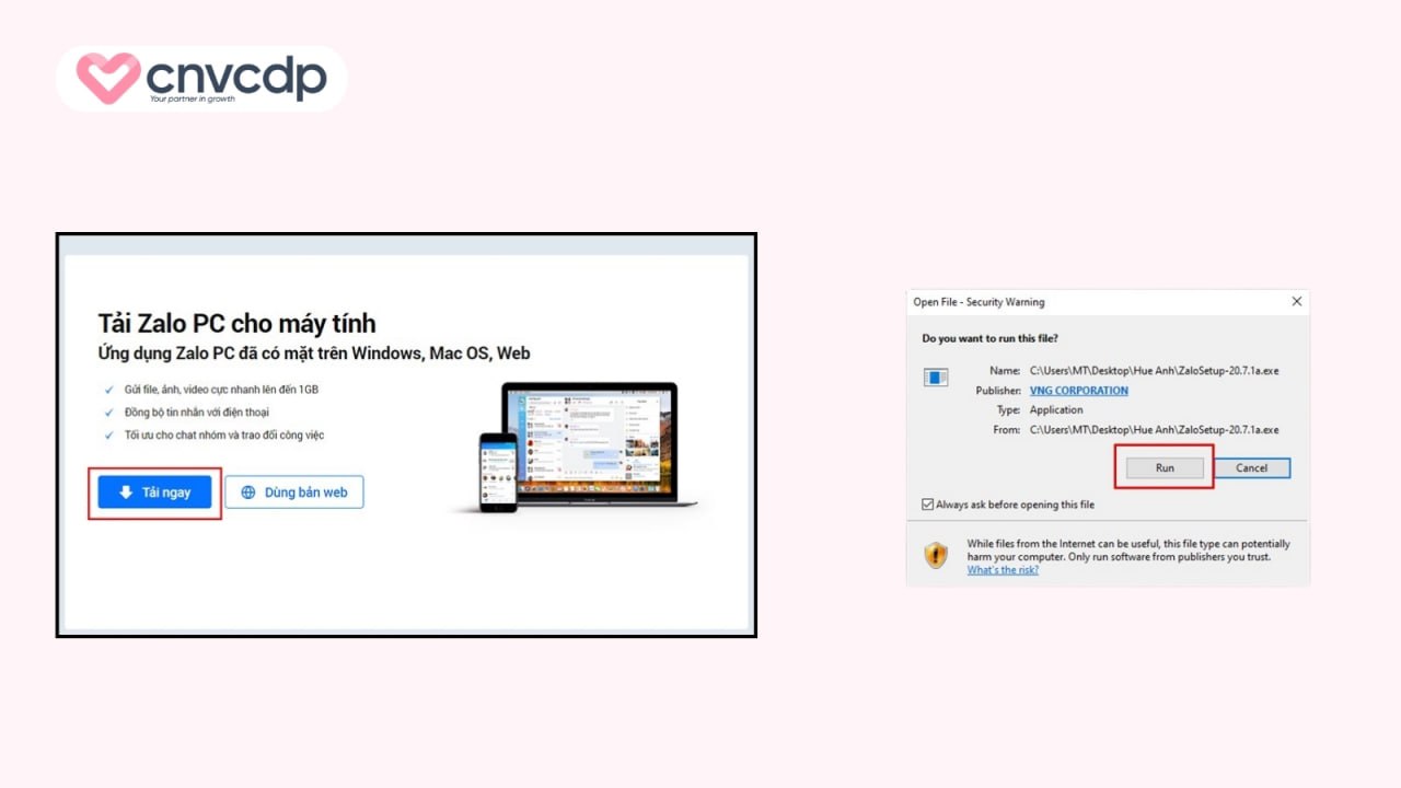 Bấm tải về và mở file ZaloSetup.exe vừa tải xuống